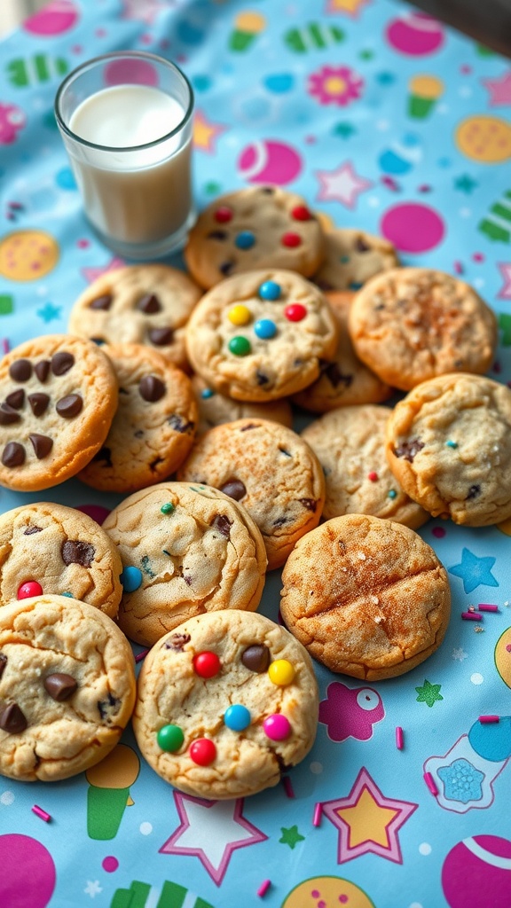 An assortment of delicious cookies including chocolate chip, funfetti, and snickerdoodles on a festive table.